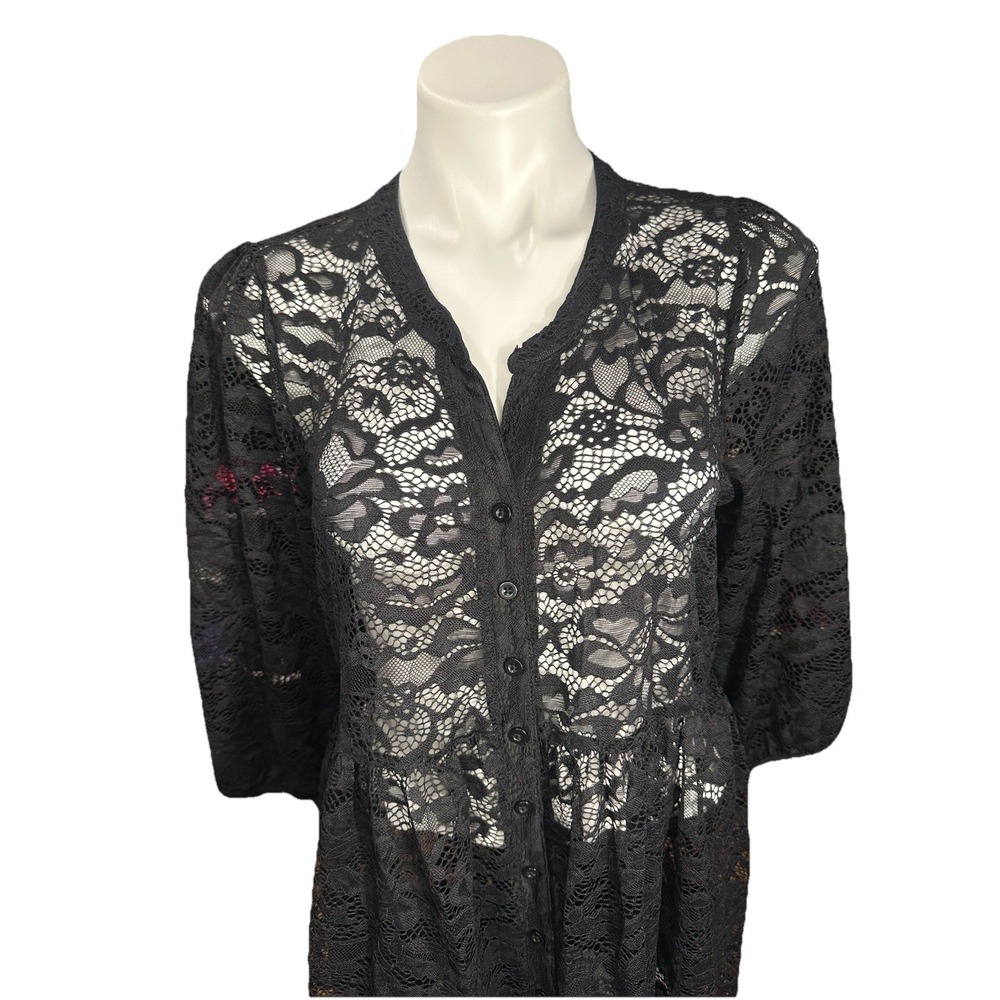 Torrid Babydoll Sheer Lace Button Down Tunic Top Deep Black Size 0/L/12 NWT - Picture 3 of 11